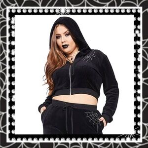 NWT GRAVE GIRLS velour, zippered hoodie with rhinestone, spider and web